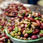 Skåle med forskellige baelgfrugter - hvide boenner, kikaerter og brune linser - ingredienser til italiensk tomatpande ved faellesspisning i Skovparken i Kolding
