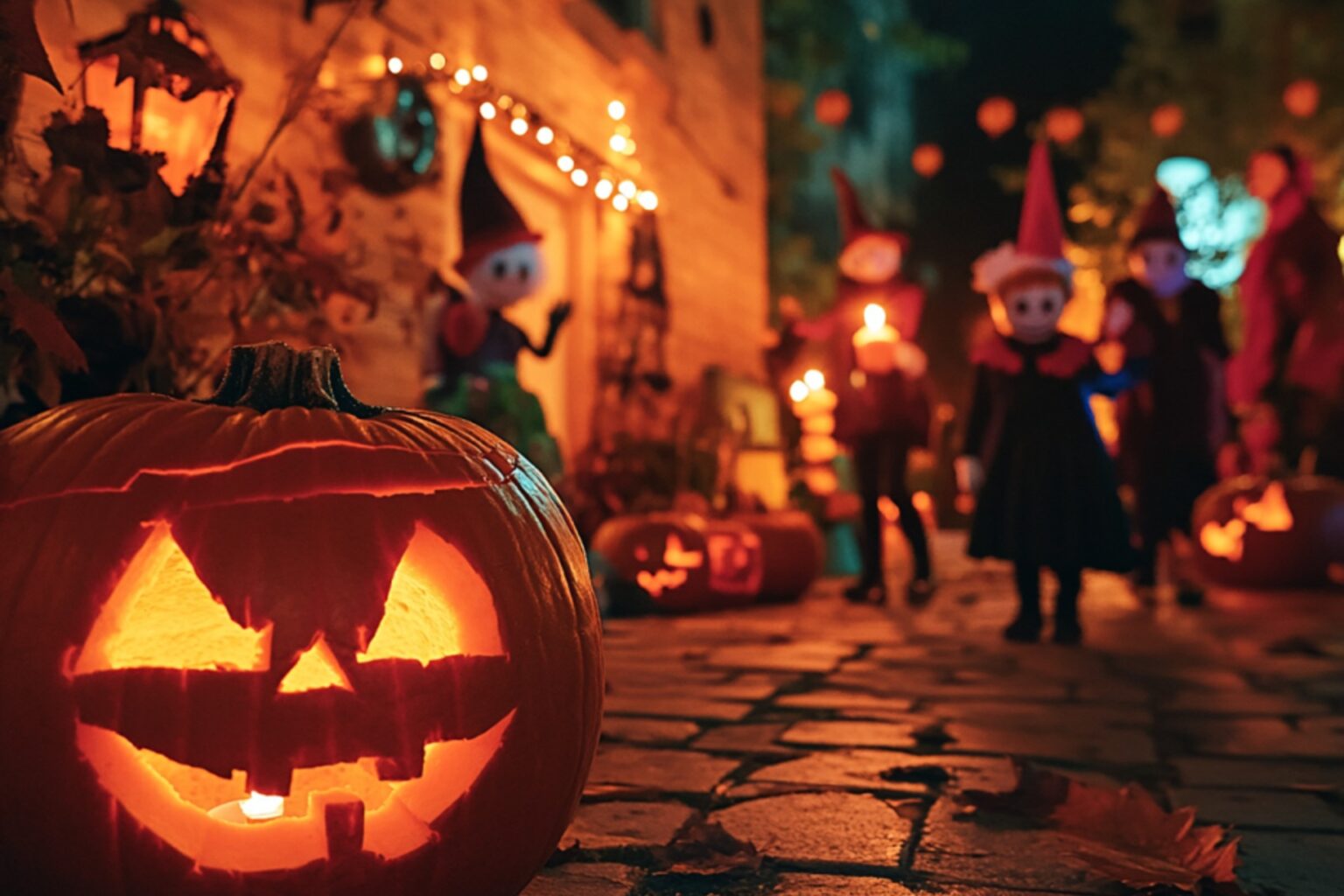 Halloween græskar lyser på vejen mens børn går på slik eller ballade i Kolding