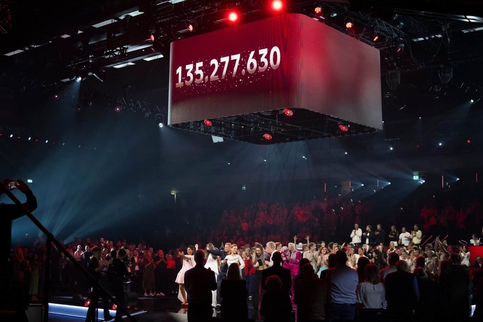 Kæmpe skærm viser 135.277.630 kr under Knæk Cancer-showet på TV2