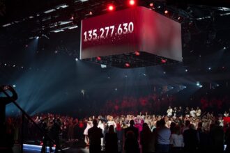 Kæmpe skærm viser 135.277.630 kr under Knæk Cancer-showet på TV2