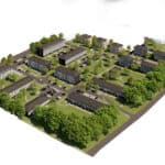 Visualisering i fugleperspektiv af fremtidens Æblelunden i Kolding med 318 nye og renoverede boliger, grønne arealer og parkeringspladser