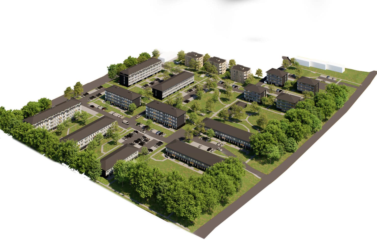 Visualisering i fugleperspektiv af fremtidens Æblelunden i Kolding med 318 nye og renoverede boliger, grønne arealer og parkeringspladser