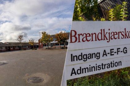 Samlet grafik af Brændkjærskolen i Kolding med indgangsskiltet og skolegården i forbindelse med SFO-ulykke.