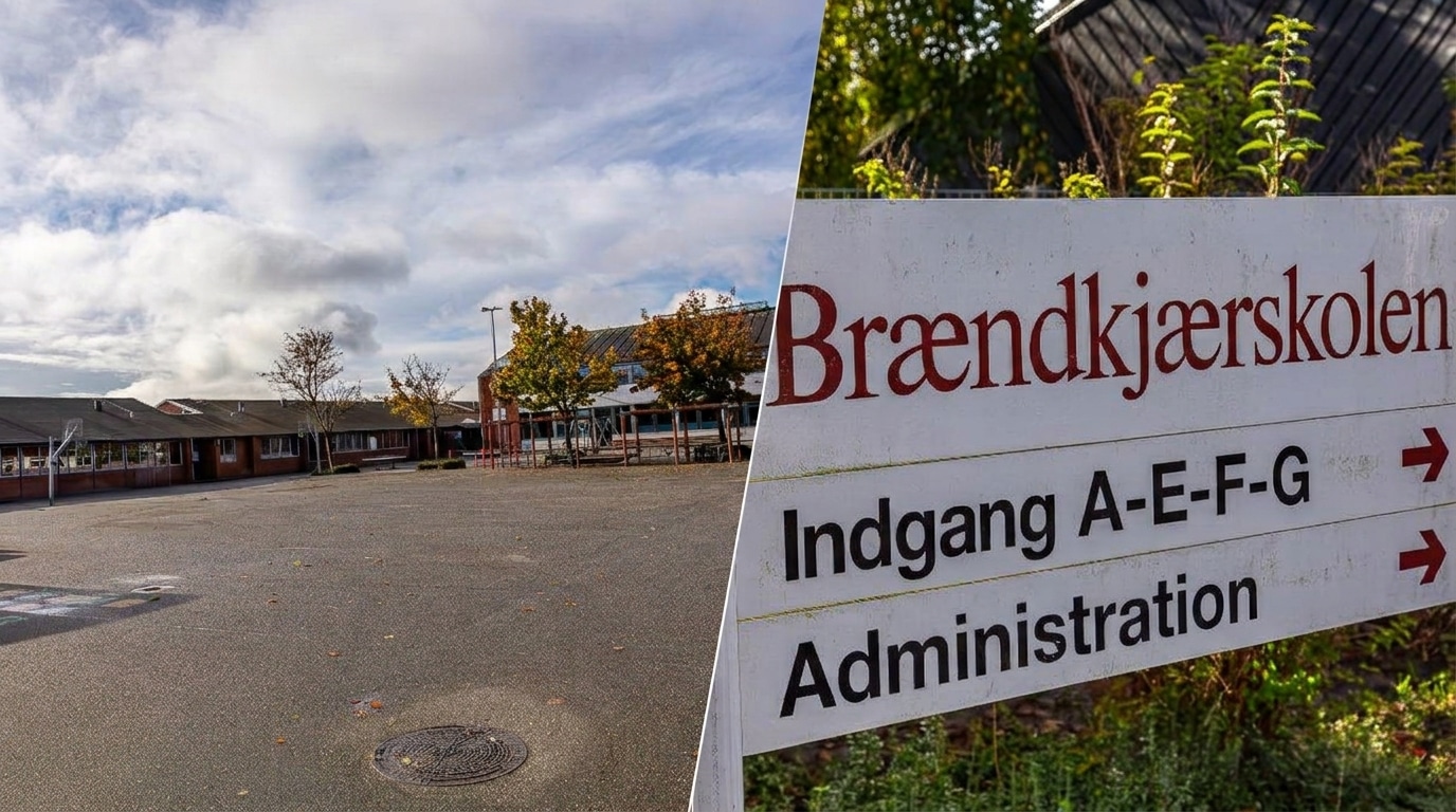 Samlet grafik af Brændkjærskolen i Kolding med indgangsskiltet og skolegården i forbindelse med SFO-ulykke.