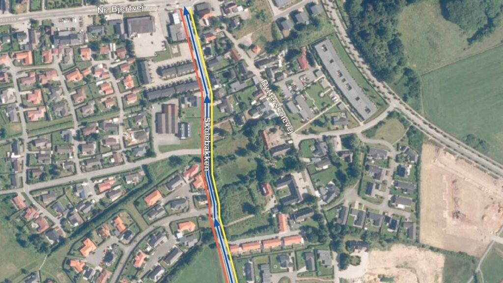 Kort over Skolebakken i Nr. Bjert viser ny cykelsti og fortov fra Strædet til Nr. Bjertvej