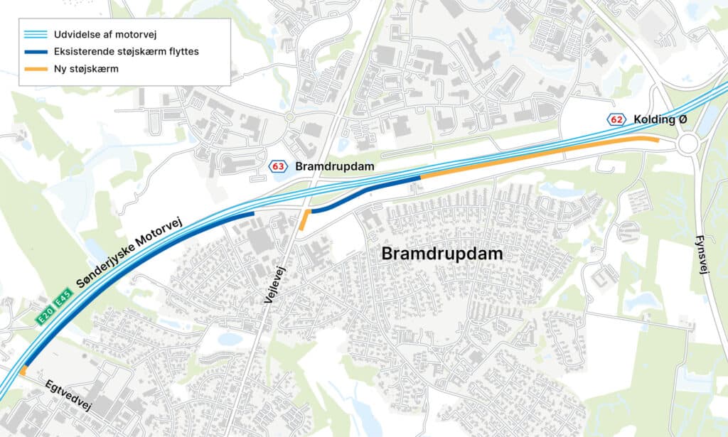 Kort over ny og eksisterende støjskærm ved Bramdrupdam langs Sønderjyske Motorvej E45