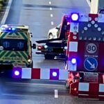 Ambulance og TMA-vogn på E45 ved Hylkedal efter uheld under køkørsel