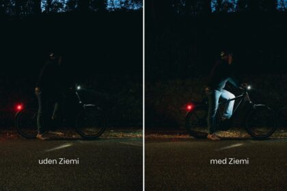 Cyklist i mørke uden og med Ziemi biomotion lys på benene - sammenligning af synlighed fra siden