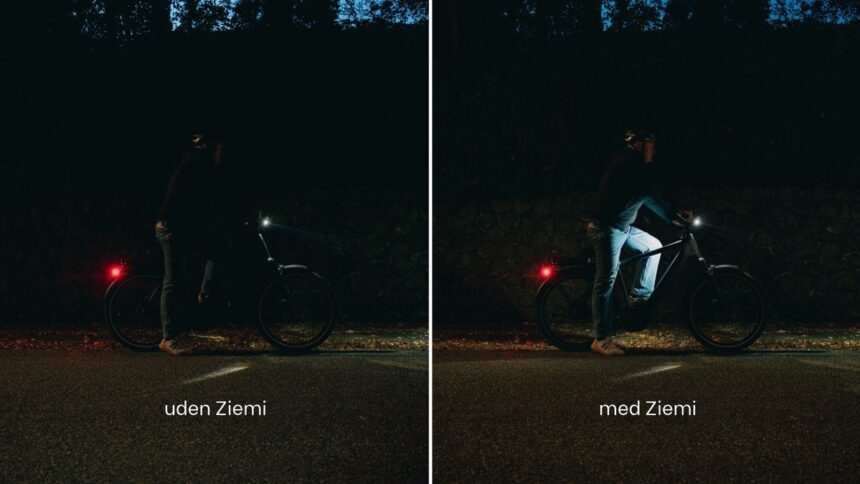 Cyklist i mørke uden og med Ziemi biomotion lys på benene - sammenligning af synlighed fra siden