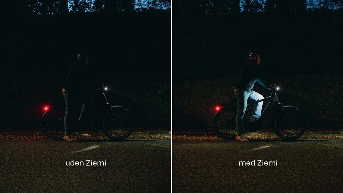 Cyklist i mørke uden og med Ziemi biomotion lys på benene - sammenligning af synlighed fra siden